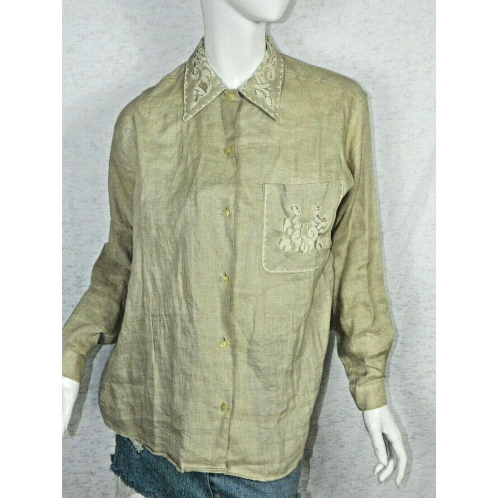 Bellows Brut Le Garage Blouse Vintage‎ Beige Linen Lace Paris France Medium